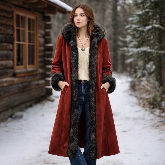 Vintage Y2K Novelti Red Faux Suede Faux Fur Penny Lane Coat 70s Boho L - Picture 1 of 13